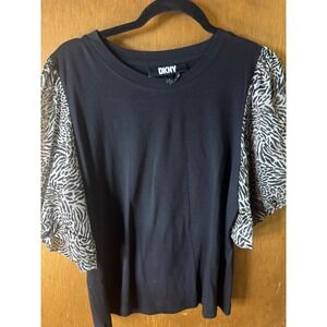 DKNY Womens Black Crew Neck Top Animal Print Puff Short Sleeve Blouse Large